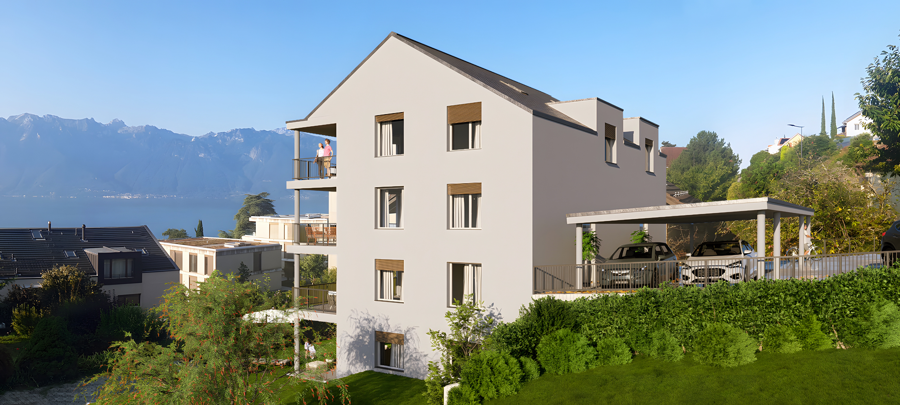 Projet immobilier sur la Riviera avec appartements à vendre : la façade est du bâtiment avec le lac et les montagnes en arrière-plan.