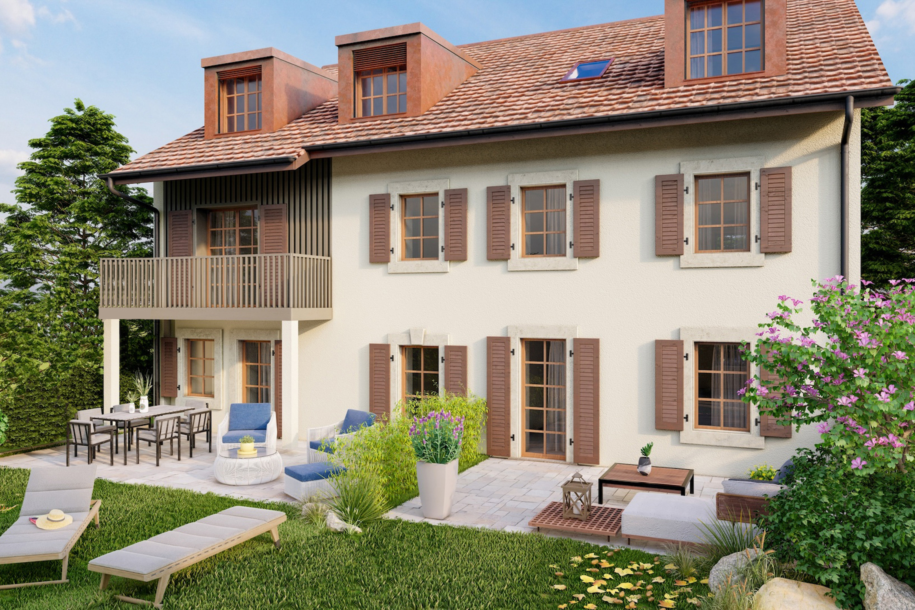 Projet immobilier à Romanel avec 2 maisons à vendre, intérieur avec cheminée.