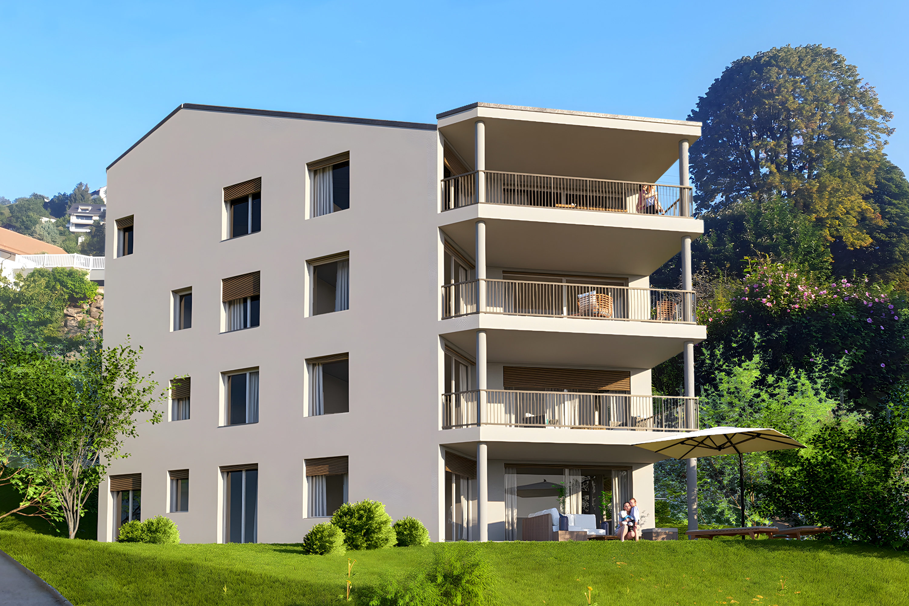 Projet immobilier sur la Riviera avec appartements à vendre : la façade sud de l'immeuble avec les balcons.