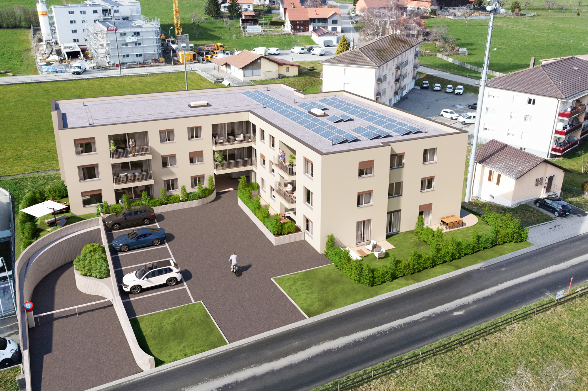 Appartements à vendre à Siviriez : intégration de l'immeuble dans son environnement.