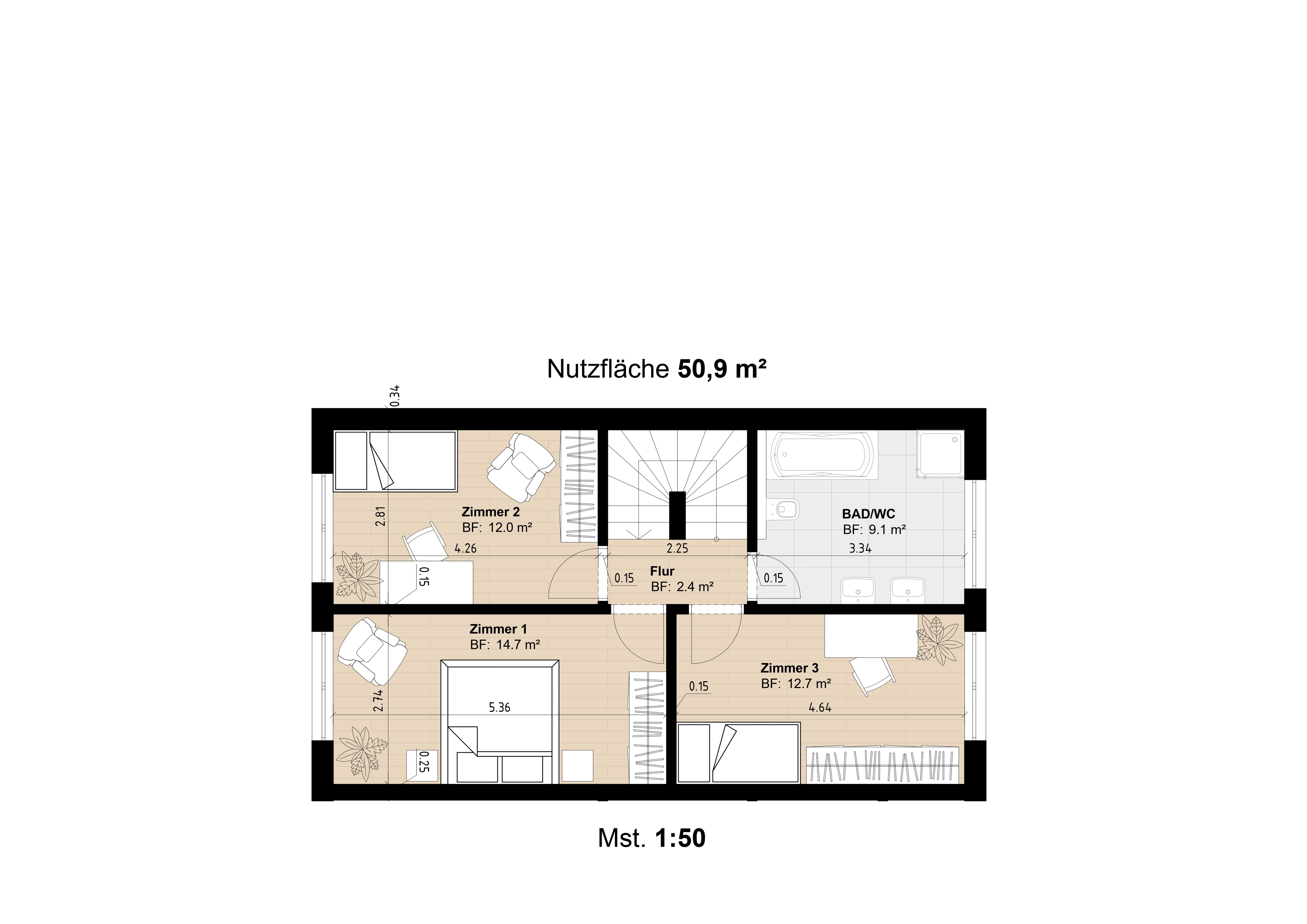 Grundrissplan Obergeschoss - 6.5 Zimmer-Reiheneinfamilienhaus am Kapuzinerberg in Rheinfelden AG