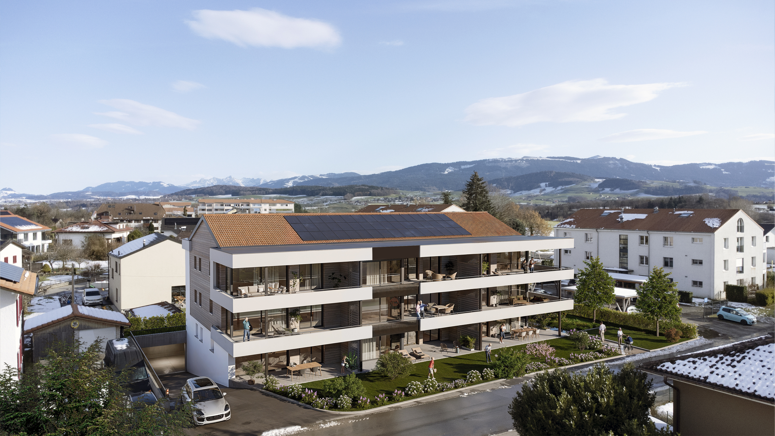 maisons modernes avec panneaux solaires sur les toits et balcons donnant sur une grande ville