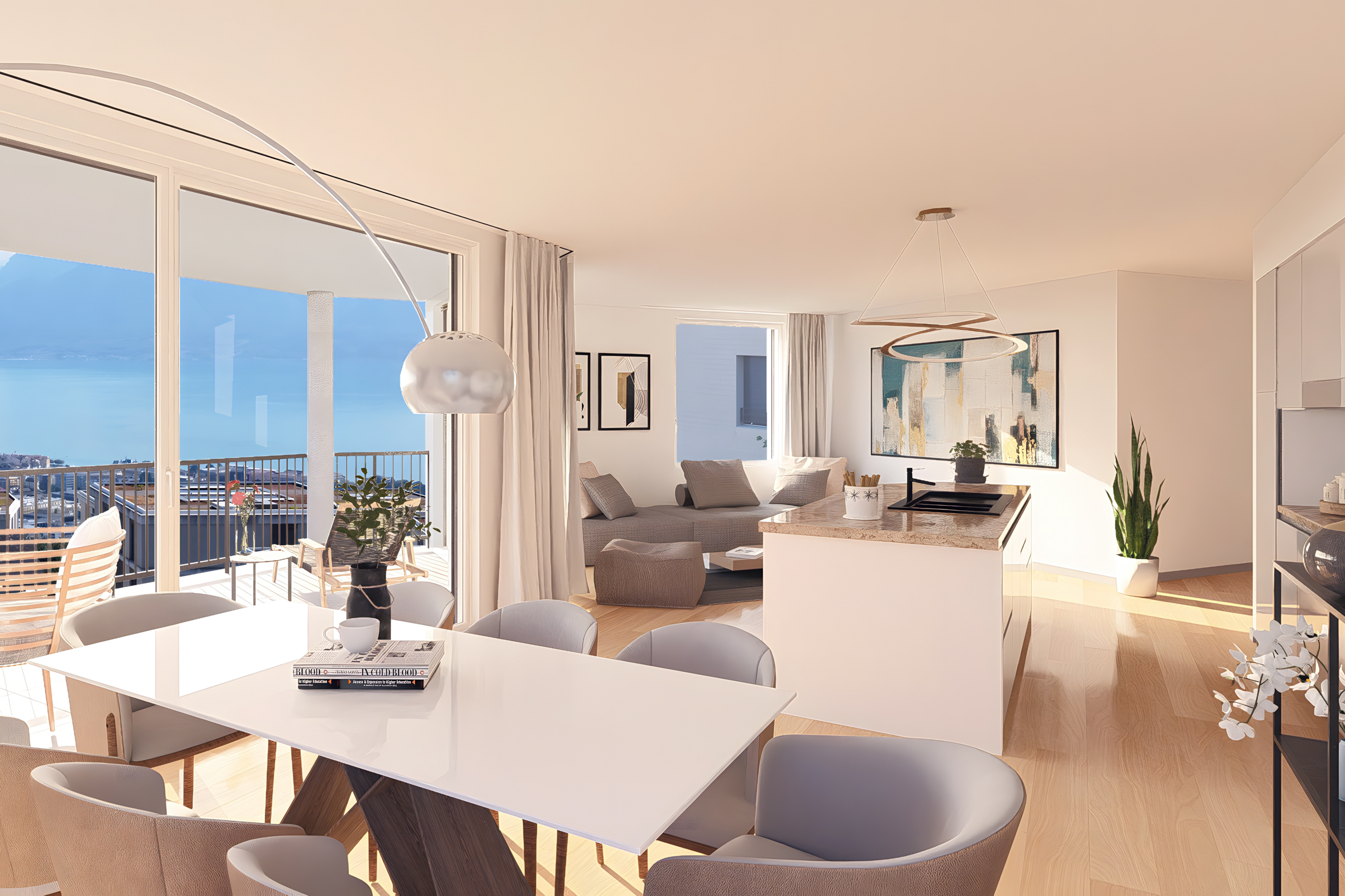 Projet immobilier sur la Riviera avec appartements à vendre : la pièce à vivre avec une grande baie vitrée.