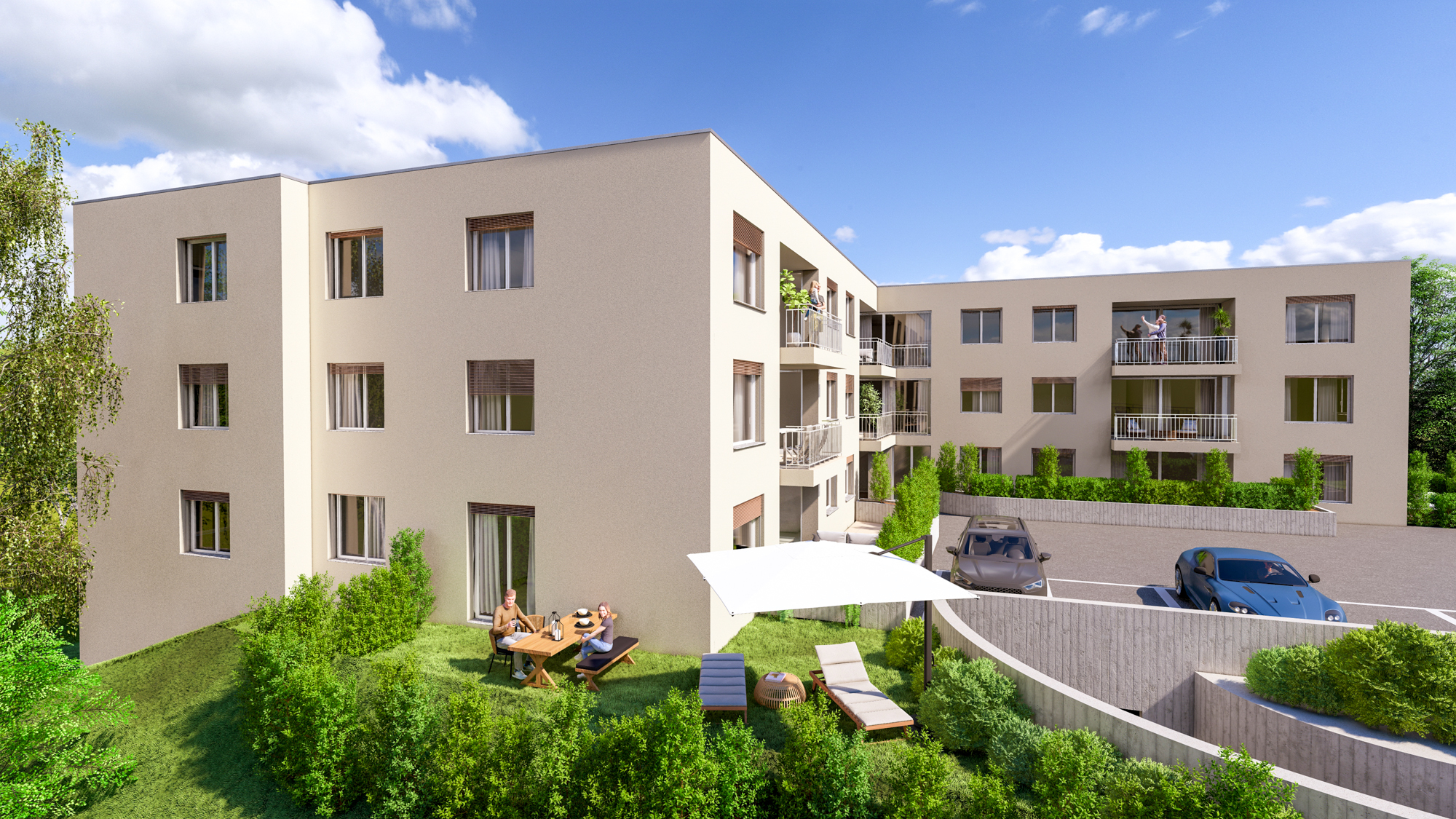 Appartements à vendre à Siviriez : les extérieurs avec jardins, terrasses et parking.