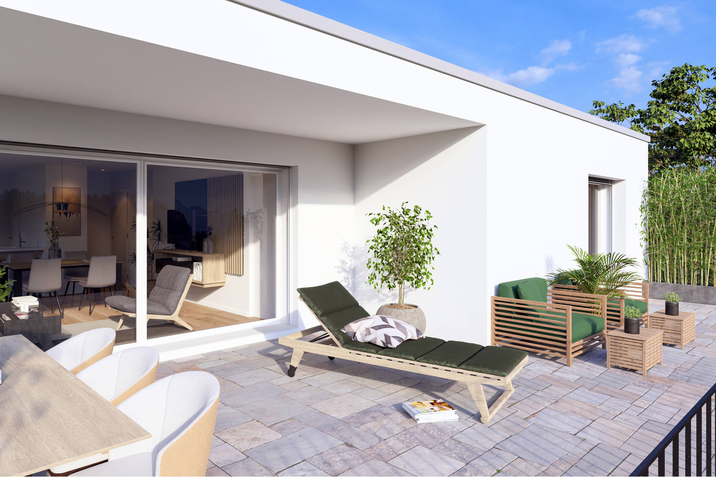 Projet immobilier à Remaufens avec appartements et villas à vendre : une terrasse au soleil.