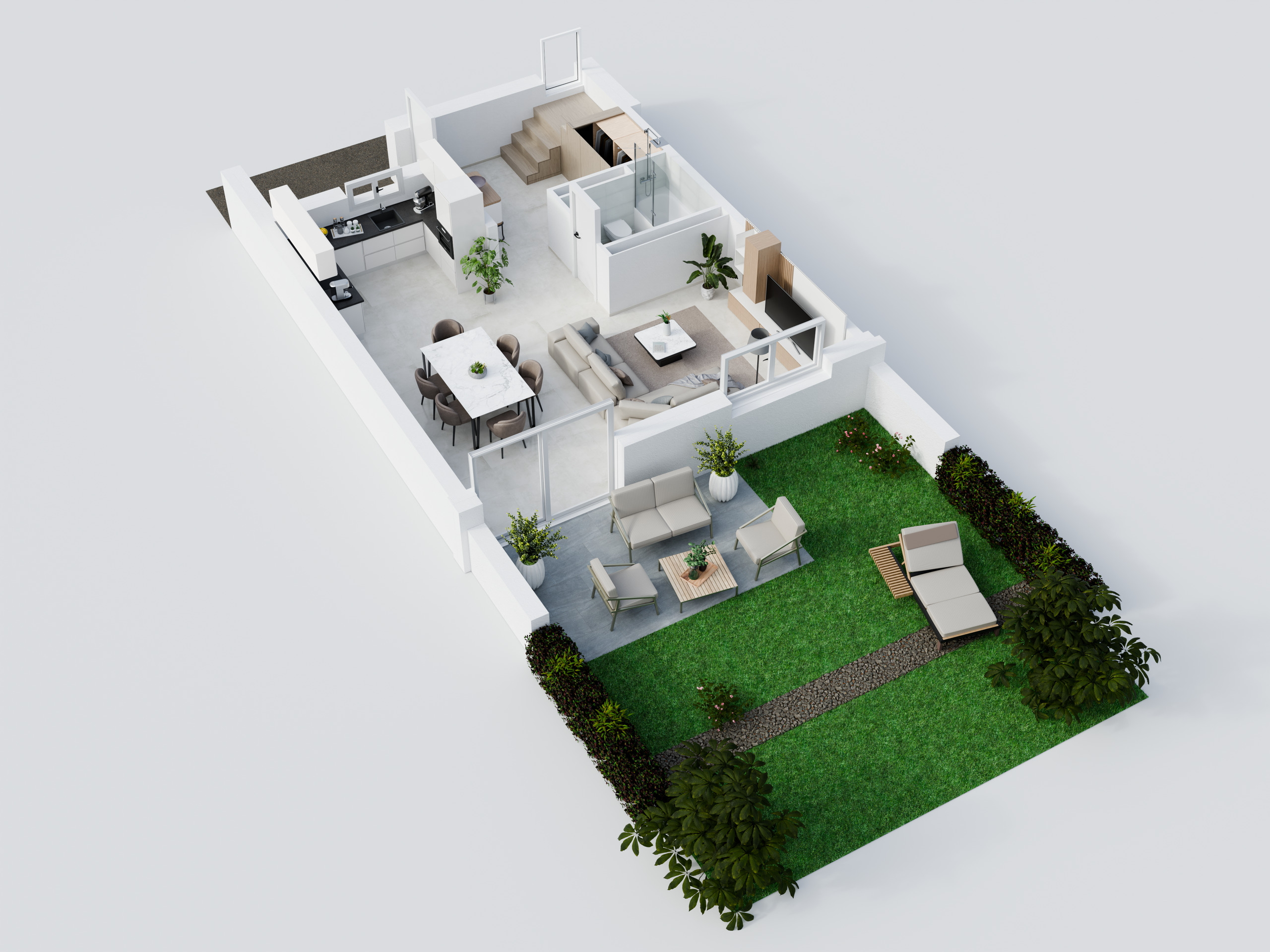 Modèle 3d d'une maison ou d'un appartement moderne avec plan blanc et herbe