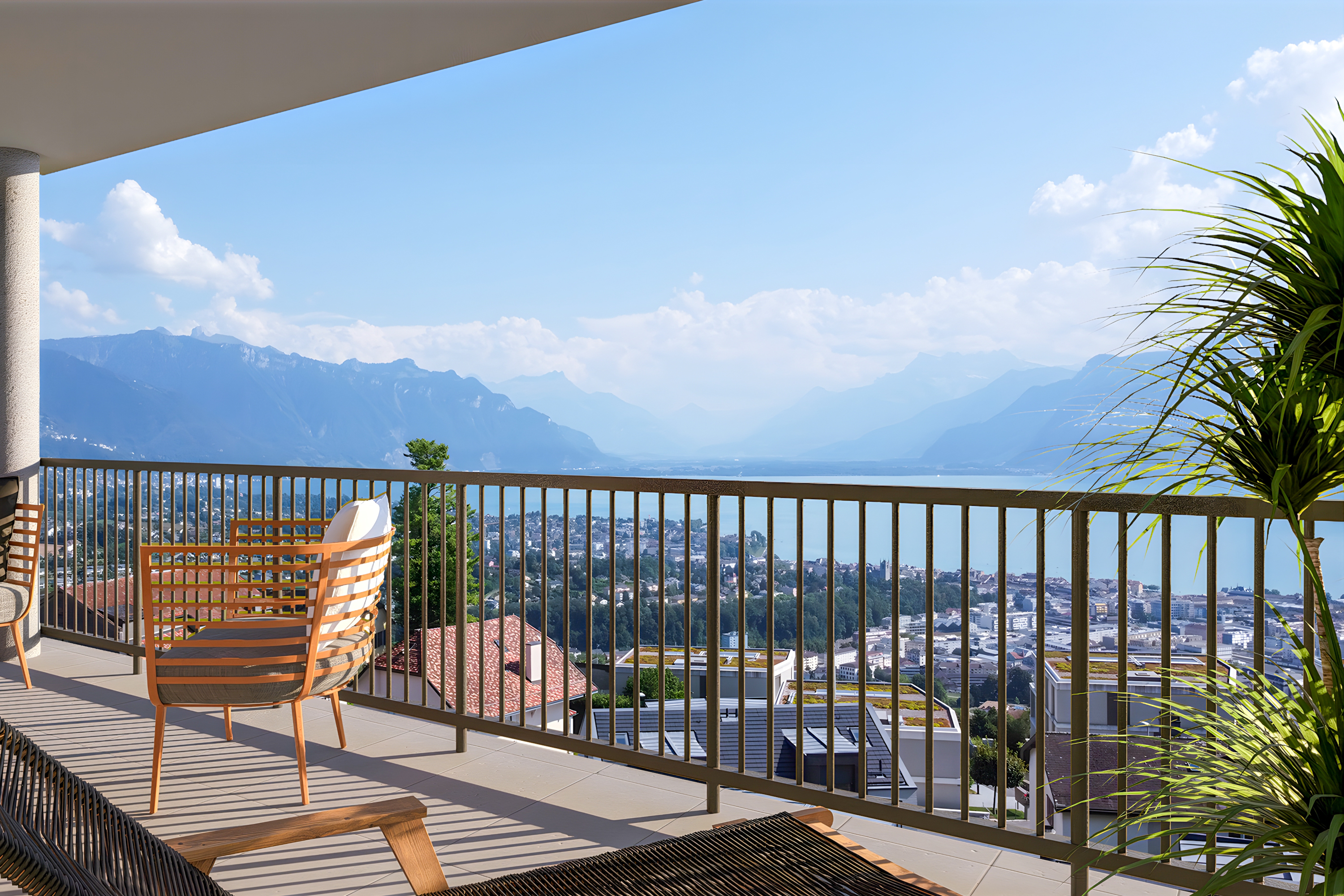 Projet immobilier sur la Riviera avec appartements à vendre : la vue simulée sur le lac et les montagnes depuis le balcon du 2e étage.